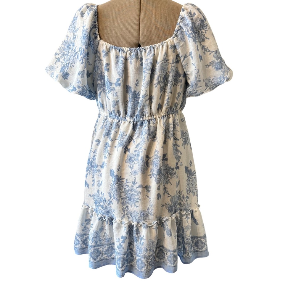 Blu Pepper Women Floral Toile Puff Sleeve Mini Dress White Blue Cottagecore M - Picture 2 of 6